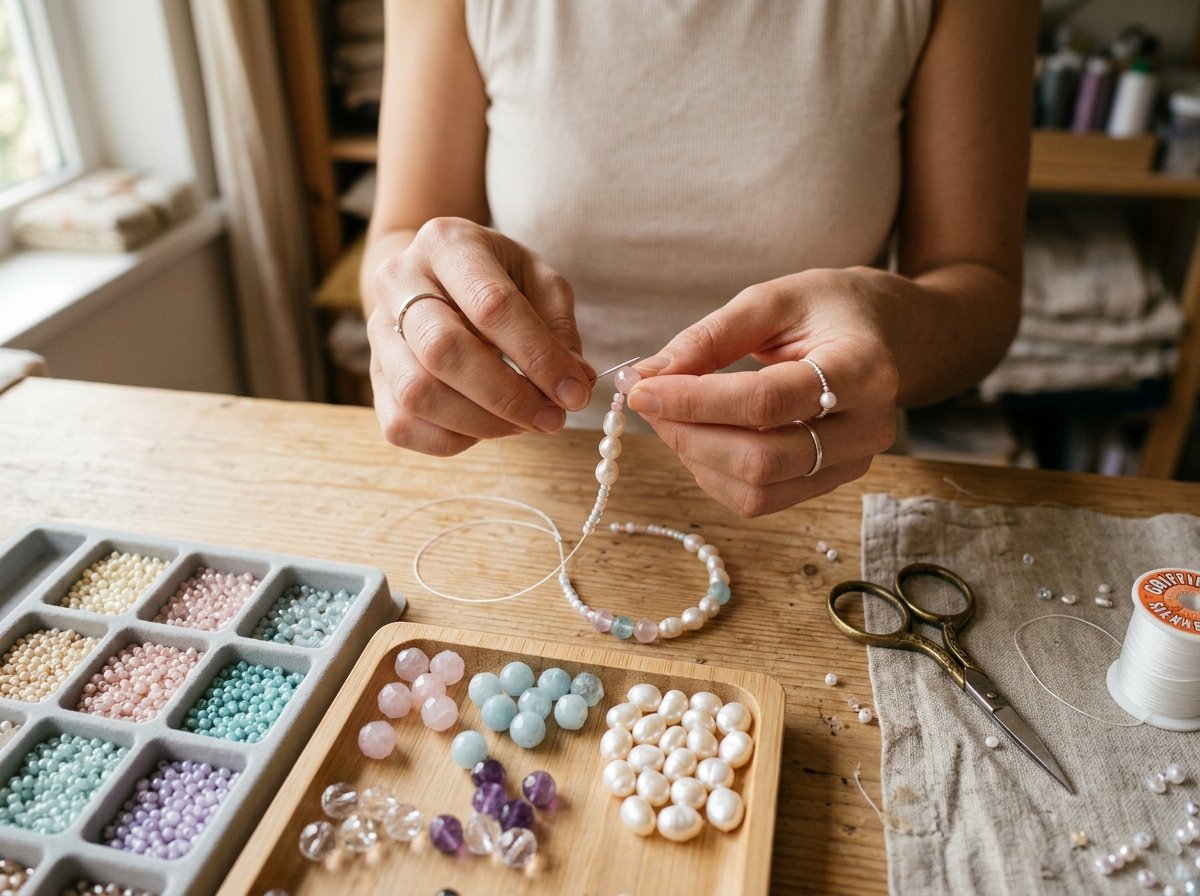 Artisan hands delicately threading crystals and pearls at the workbench