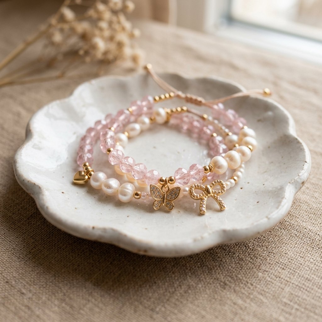 Close up of handmade butterfly charm pearl bracelet